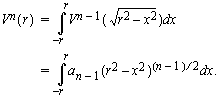 V^n(r) = Int( V^(n-1)( sqrt(r^2-x²) ), x = -r..r ) = a_(n-1)×Int( (r²-x²)^(n-1)/2, x = -r..r ).